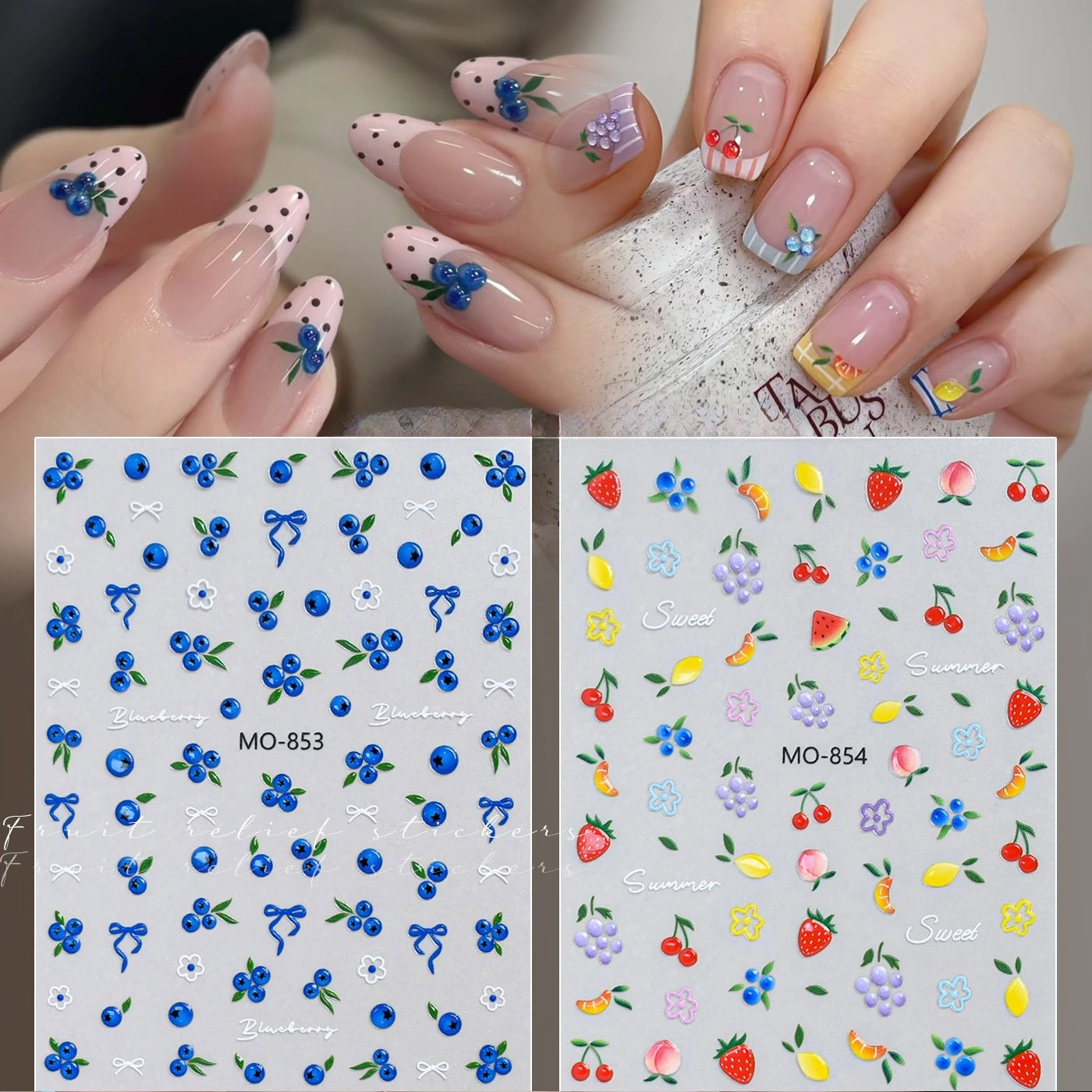 1Pcs French Polka Dot Fruit Nail Stickers Embossed 3D Strawberry Cherry Grape Watermelon DIY Nail Decor Accessories