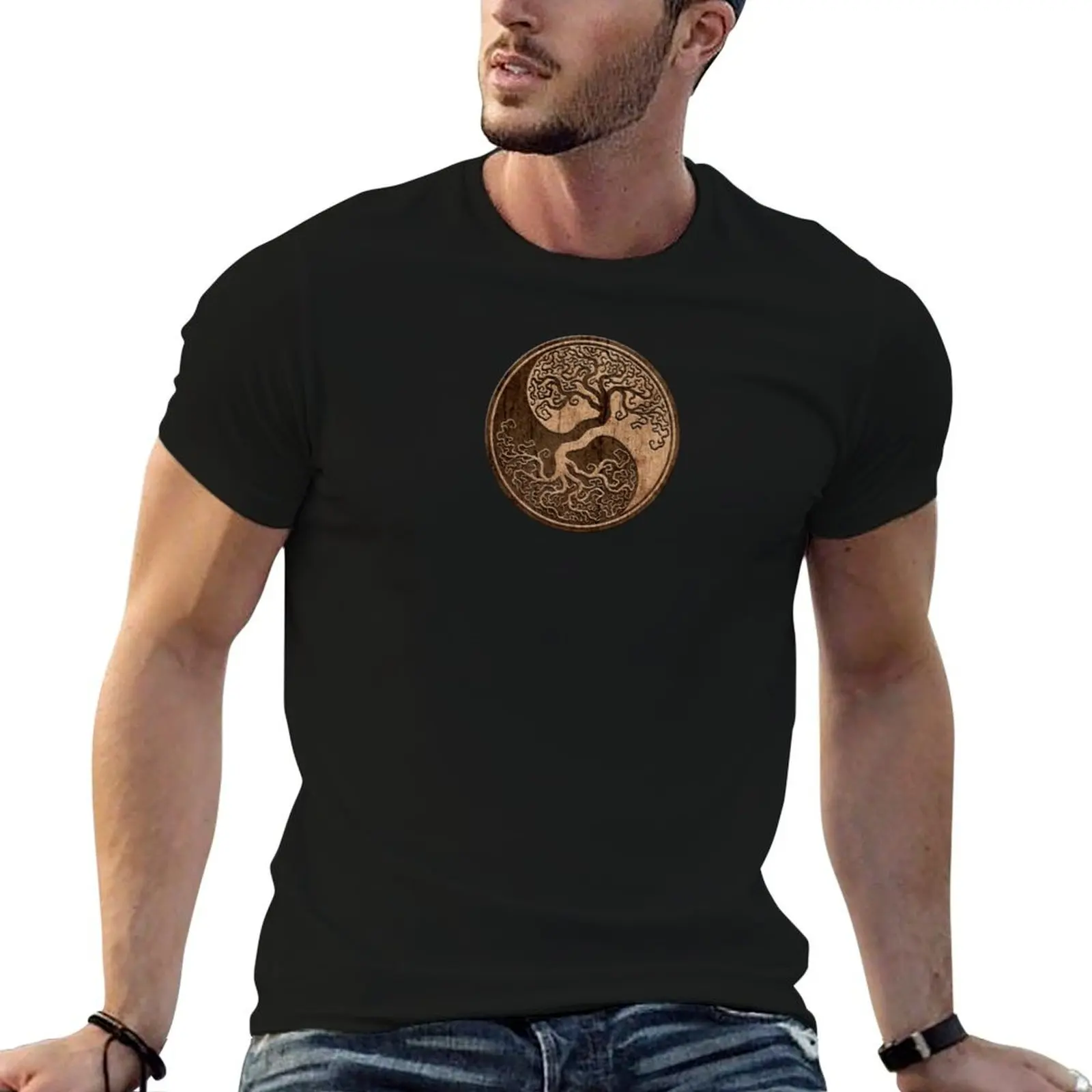 Rough Wood Grain Effect Tree of Life Yin Yang T-Shirt Simple Line Art Print Tee