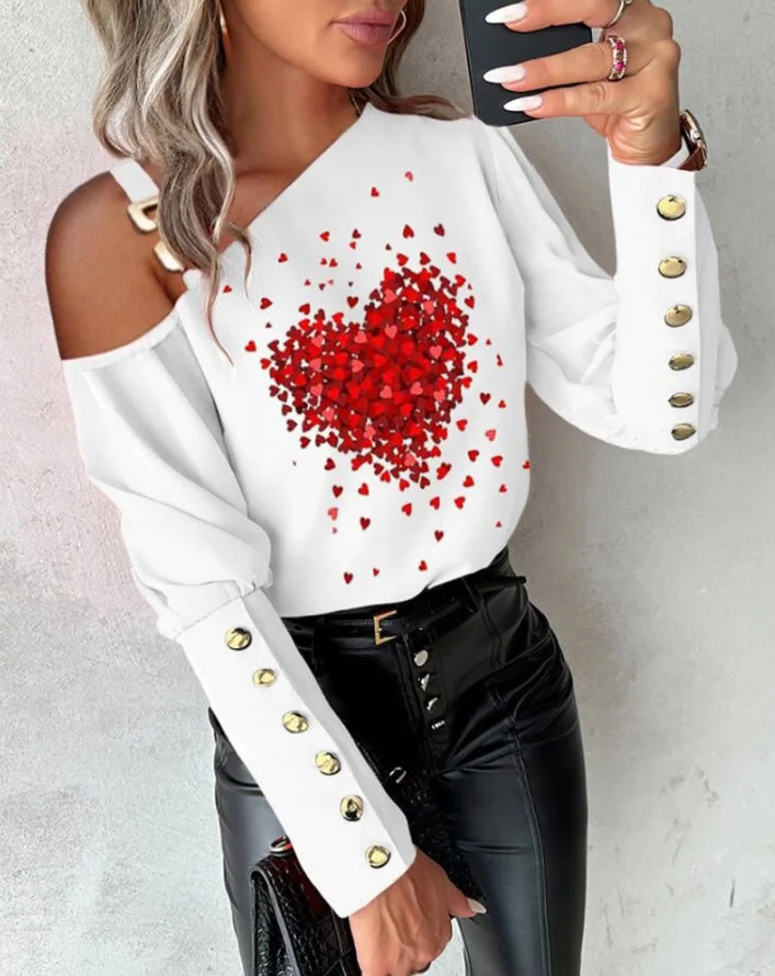 

Women's Top 2024 Autumn and Winter Fashion Heart Print Button Print Gigot Sleeve Top Temperament Slim Fit Cold Shoulder Tee Top