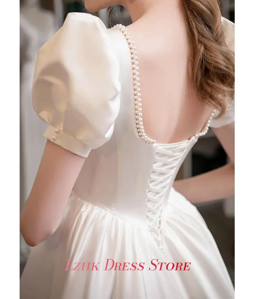 Robe de soirée en Satin classique personnalisée, ligne a, perles, haute qualité, col carré, manches courtes