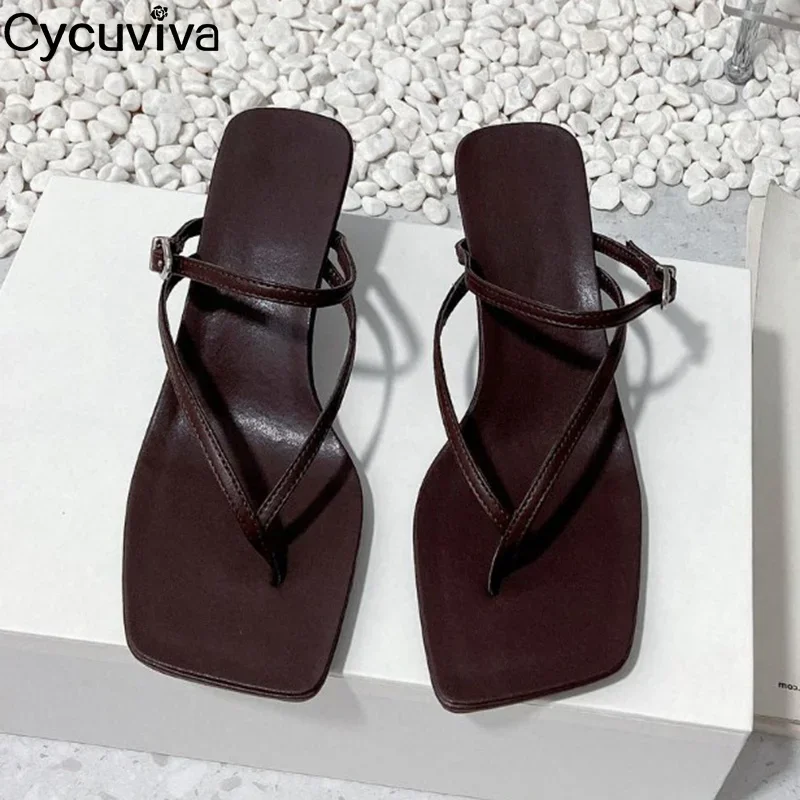 New Flip Flops Kitten Heels Slippers Women Summer Black Buckle Genuine Leather Flat Sandals Party Dress Beach Slippers Women