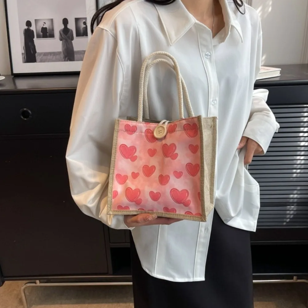 Portable Zipper Flower Linen Bag Large Capacity Button Love Heart Tote Bag Gift Bag Lunch Bag Linen Handbag Beach