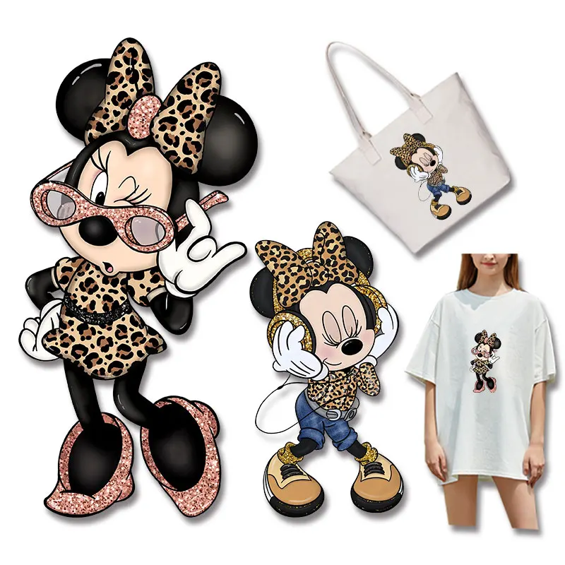 

Minnie Mouse in leopard print clothes listening to music cloth patches Heat Vinyl Ironing Stickers Decor DIY decoration