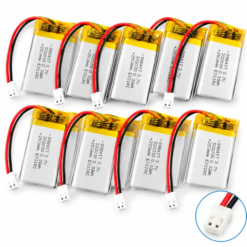 502030 250mAh 3.7V Li-Po Polymer Battery, 10pcs with PH2.0 Connector for Bluetooth Headset, Toy, Smart Watch, GPS, LED Light