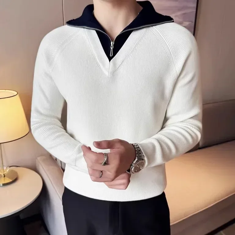 Sweater rajut pria, Busana palsu 2 potong desain setengah ritsleting, mantel rajut kualitas tinggi kasual Slim Fit, Sweater hangat musim gugur musim dingin