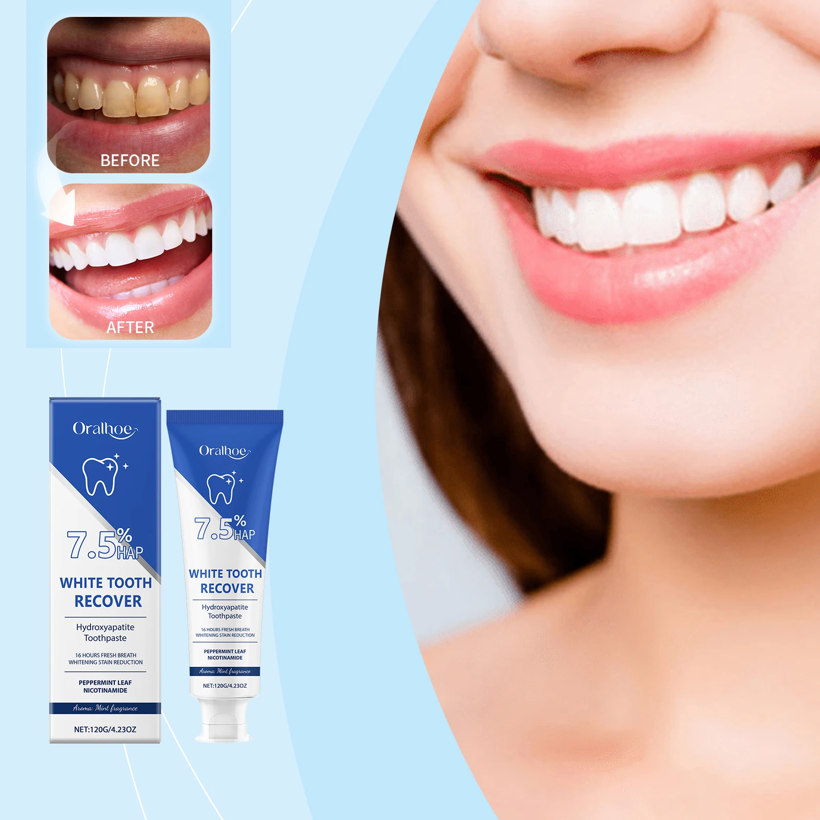 

Зубная паста ORALHOE с гидроксиапатитом 7,5% для отбеливания зубов, гигиены полости рта, свежего дыхания, удаления налета и пятен, осветления зубов