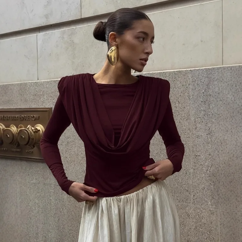 Womens Draped Round Neck Long Sleeve Knit Top 2026 New Fall Winter Elegant Slim Fit Basic Layering Tee Chic Stylish Trendy Shirt