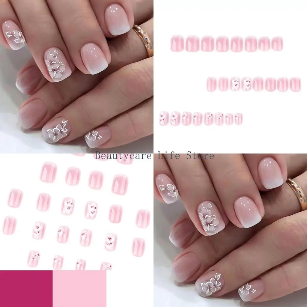 652C Square Press On Nail Flower Fake Nail Glues On Nail Artificial Acrylic Nail 24pcs Stick On Nail for Womens and Girls