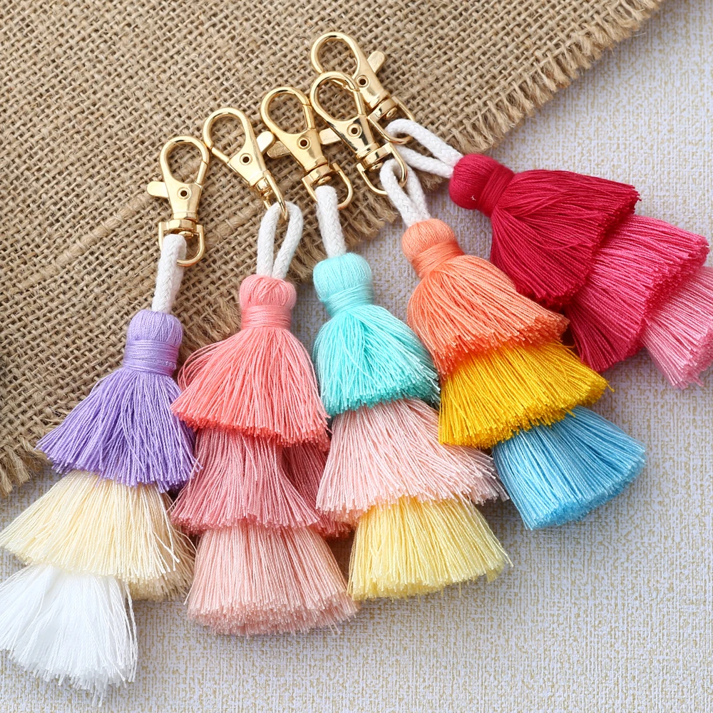 New Handmade Bohemian Bag Accessories Wholesale Three Layers Cotton Tassel Keychain Colorful Multi-layer Tassel Boho Accessory