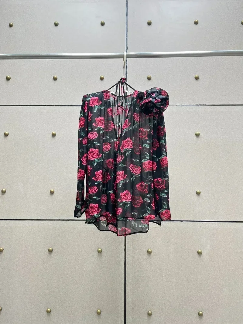 

Lace-up Floral Woman Blouse Rose Printing Long Sleeve Button New High Quality 2023 Women