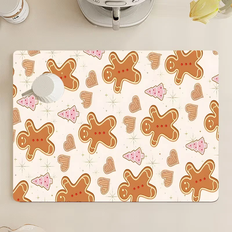 Gingerbread Man Dish Drying Mat Christmas Cookie Festive Print Counter Pad Cup Tableware Draining Decor Pad for Holiday Decor