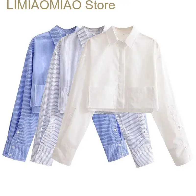 New Women Lapel Pocket Short Shirt Elegant Long Sleeve Single Breasted Office Lady Tops Summer Female Casual Striped Shirts