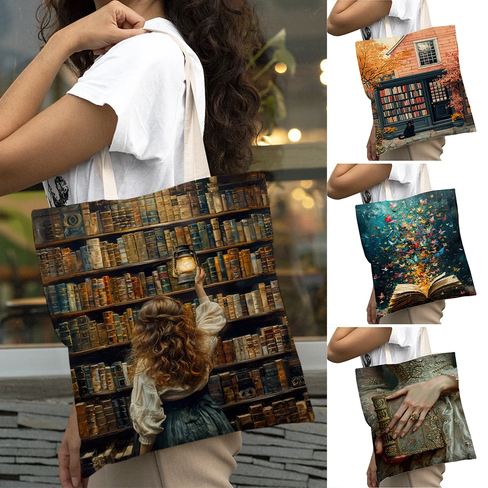 

Vintage Bookstore Women Big Shopper Bag Double Print Dark Academia Floral Book Lady Shopping Bags Girl Shoulder Tote Handbag