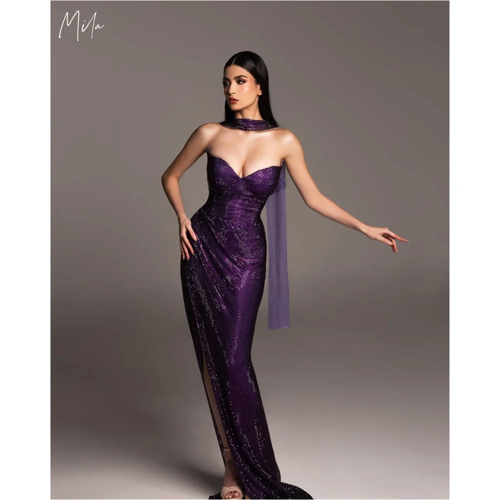 ميلا الأرجواني مع وشاح فساتين لحضور الحفلات الموسيقية بدون حمالات بدون أكمام مخصصة رسمية للسهرات الجانبية فتحة عالية مثير فيستدوس دي فييستا 2025