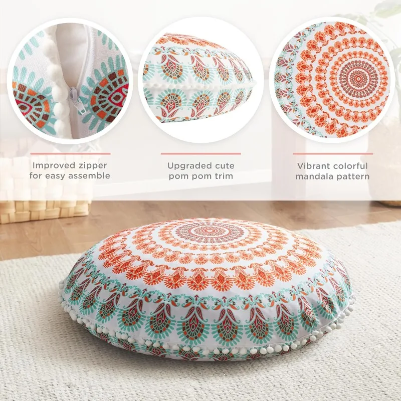 Codi Meditation Floor Pillow Set of 2, Round Large Pillows Seating for Adults, Bohemian Mandala Circle Cushions for Outdoor