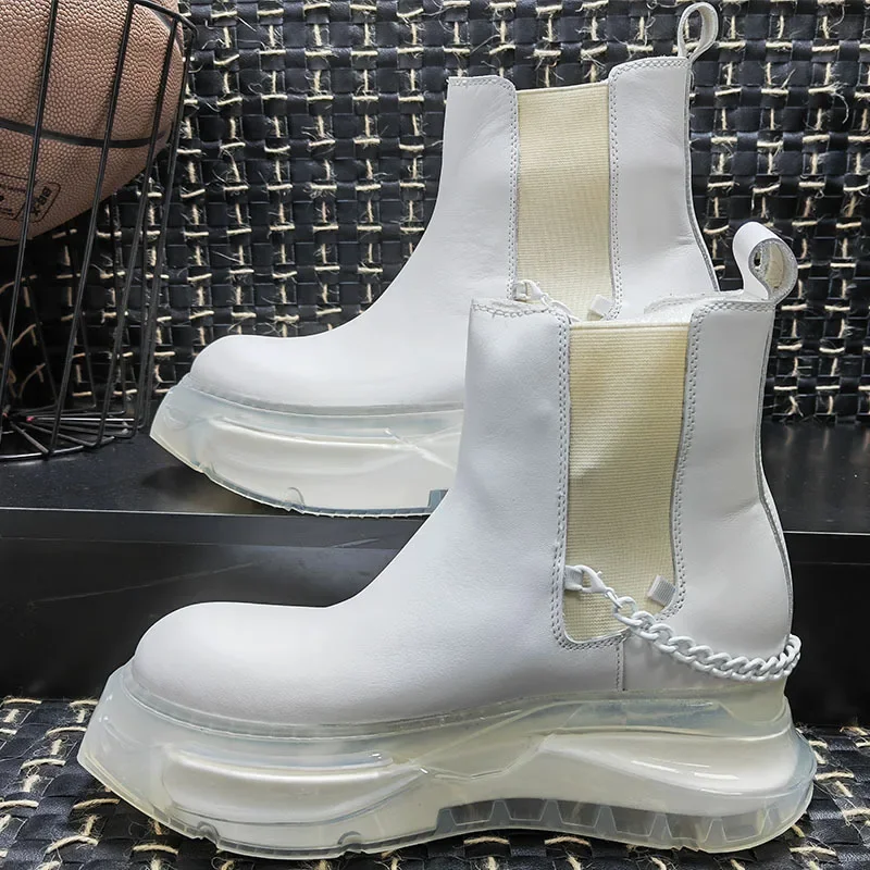 2024Men Ankle Boots Genuine Leather Chain High Top Thick Sole Increase Chelsea Shoes Owen High Street Vintage Luxury Sneakers