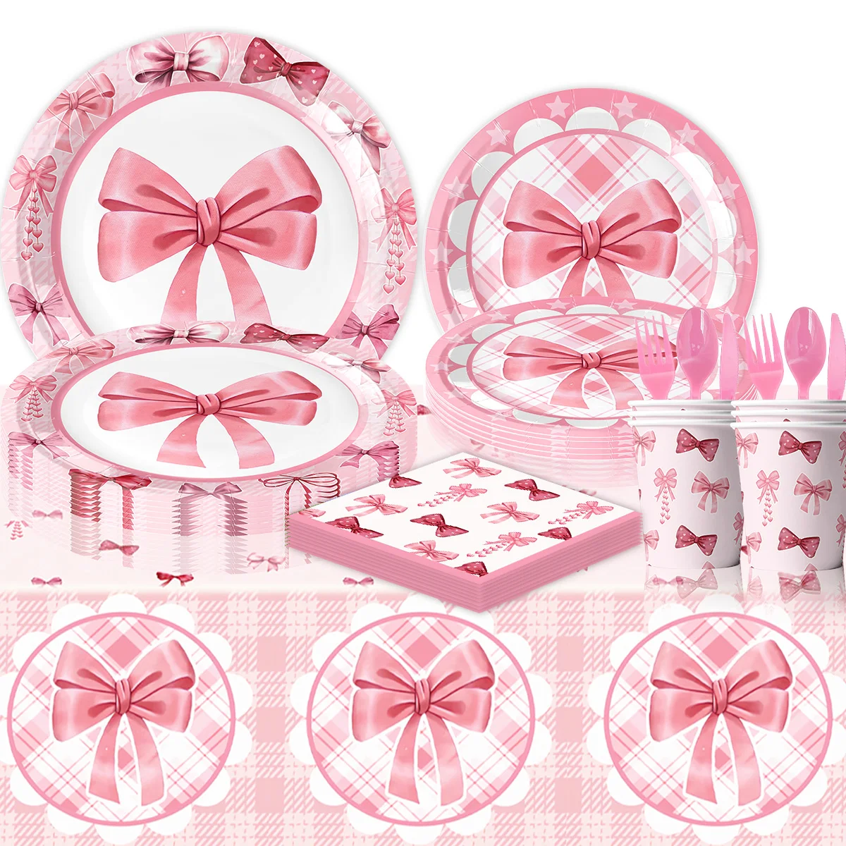 القوس الوردي موضوع عيد ميلاد أدوات المائدة القابل للتصرف أطباق ورقية المناديل عيد ميلاد سعيد ديكور حفلة فتاة تكون متعة من سلسلة القوس الوردي