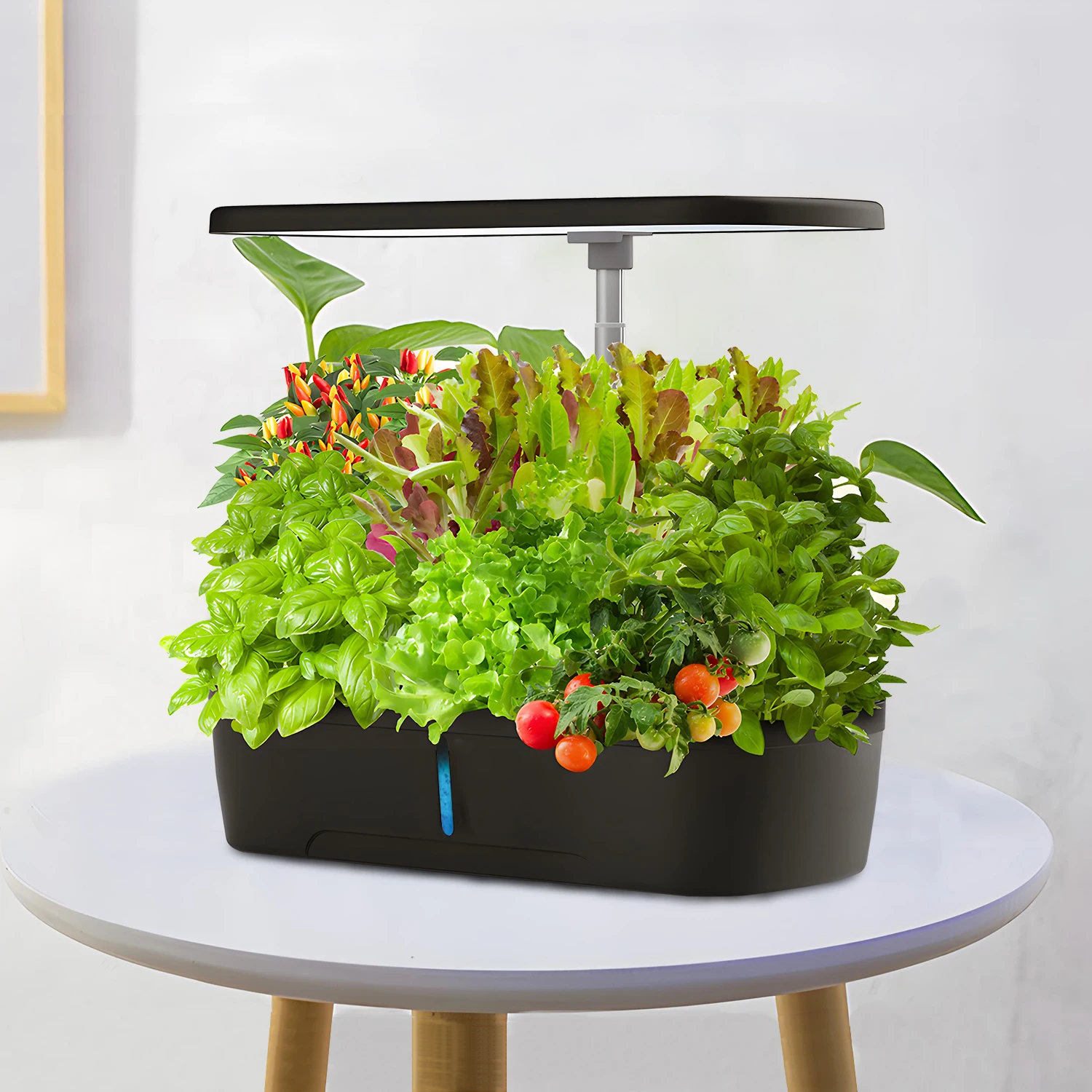 Sistema de cultivo hidropónico para jardín interior, 12 cápsulas, sistema de jardinería interior con luz LED de cultivo, altura ajustable, negro