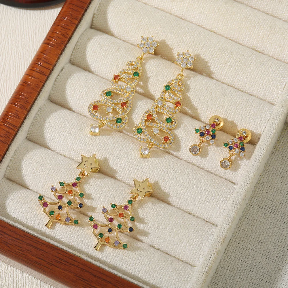 Christmas Tree Star Earrings with Colorful Zircon Micro Pave 925 Silver Post