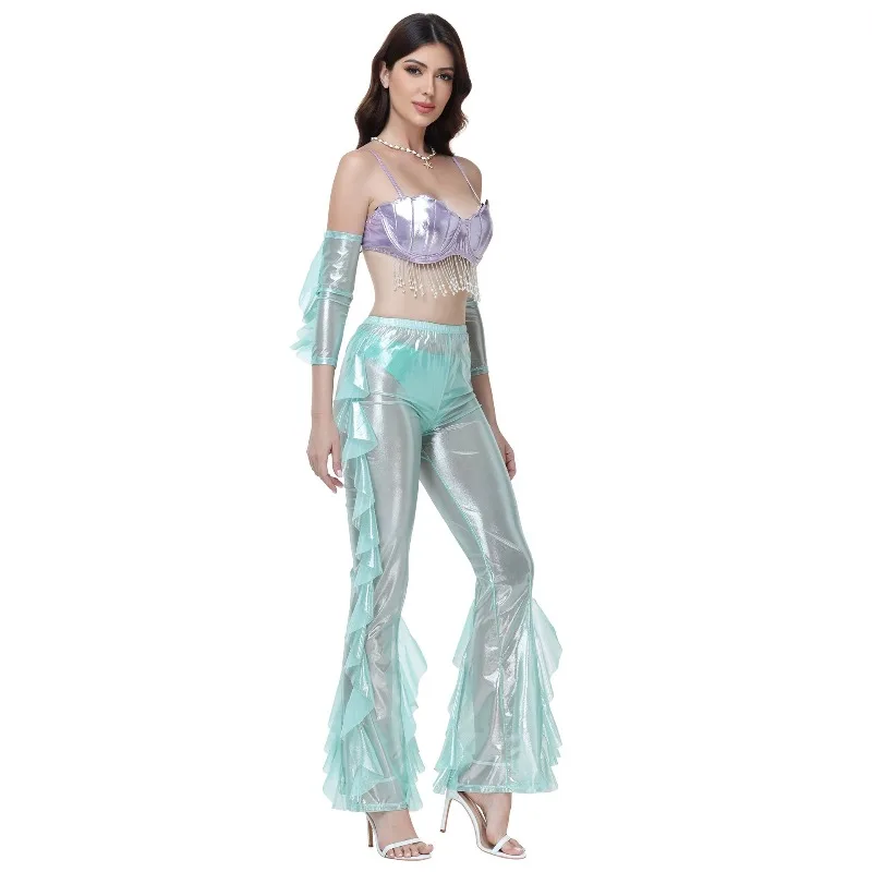 Halloween Cosplay Costume Anime Mermaid Top Pants with Sleeve Circles Suits Theme Party Role Playing Outfits for Adult Women