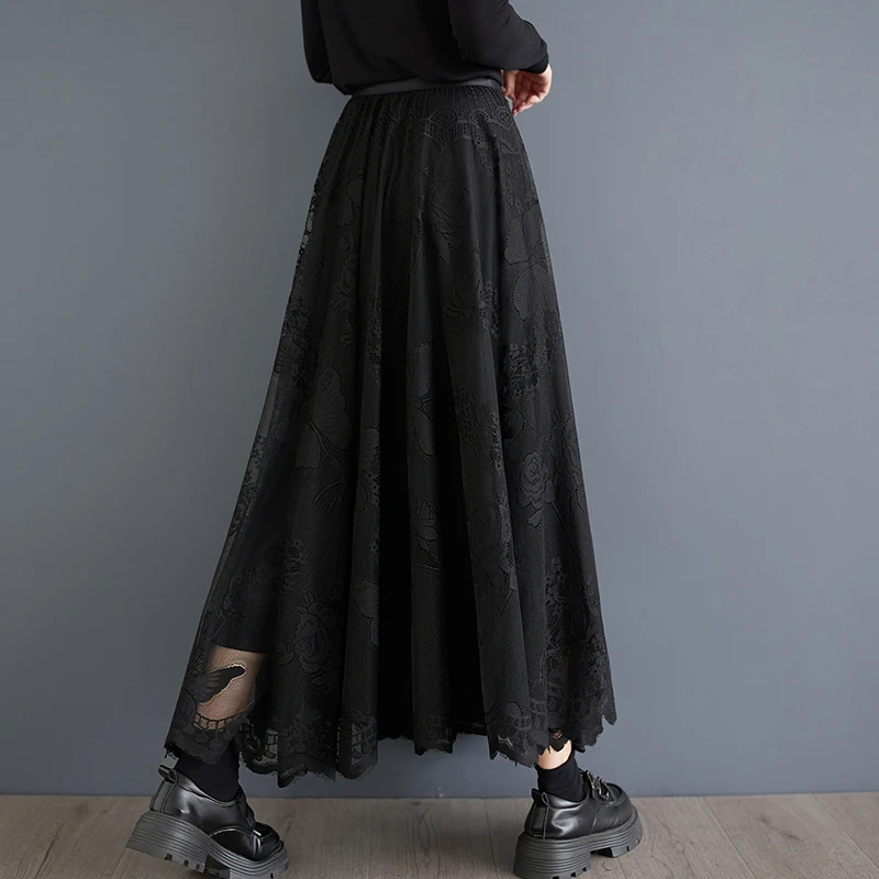 Gonna in pizzo Bla a vita alta Primavera Autunno Nuovo design scavato Sle Gonna lunga a trapezio in fibra di poliestere di buona qualità