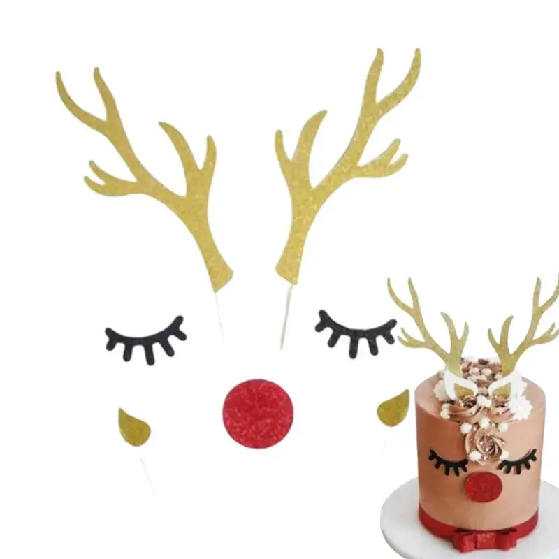 

1sets Creative Rabbit Ears Cake Topper Cute Funny Reindeer Cake Decoration With Eyelashes Nose For Christmas Birthday Party