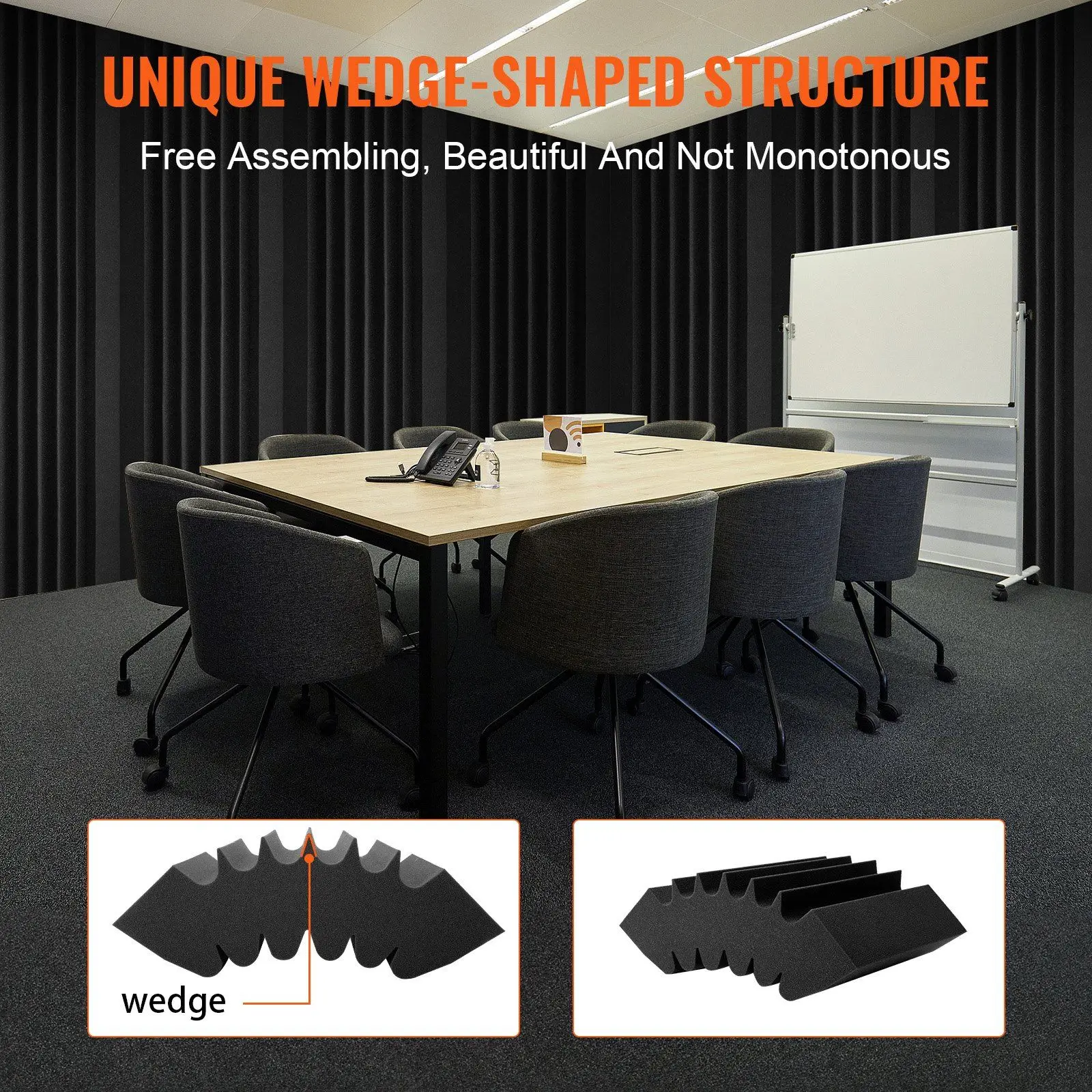 16.5x6.3x12인치 4팩 웨지형 흡음 패널, 다중 반사 소음 흡수를 위한 향상된 표면 질감, 실내용