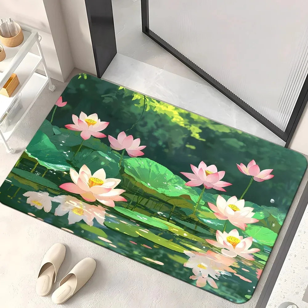 Lotus Water Lilies Pattern Door Mat Non-Slip Polyester Entrance Floor Carpet