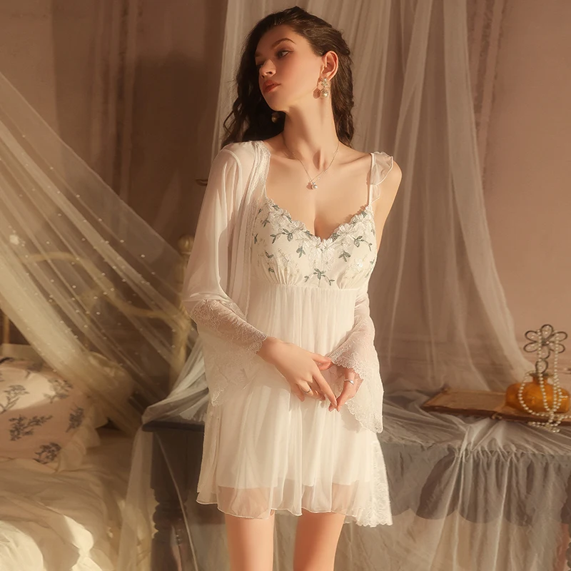

Black Floral Embroidery Mesh Bride Wedding Robe Dressing Gown Spring Summer Female Nightgown 2PCS Robe&gown Suit Loose Sleepwear