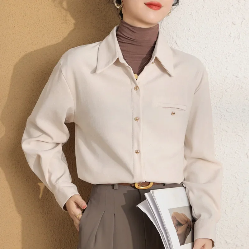 Korean Thick Women Shirt Spring Autumn Solid Turn-down Collar Drop Sleeve Retro Blouse Elegant Office Lady Blouse Femmes 30881