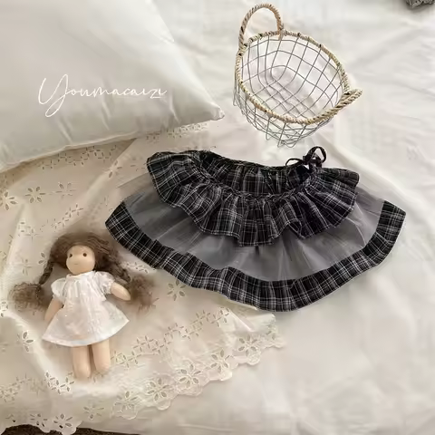 2025 Autumn New Strap Grid Fart Curtain Girls Versatile Layer Wearing Skirt Spring Summer Autumn Winter Children Clothing