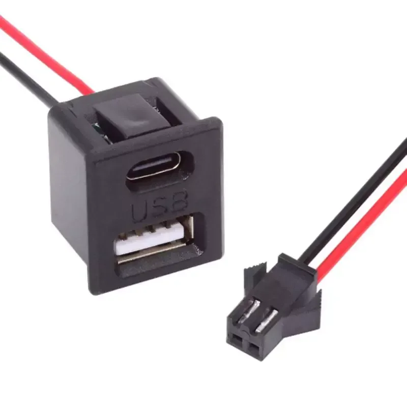 Double Layer Type C Socket Dual USB Female Port with USB Lamp Charging Power Socket and Cable Connector