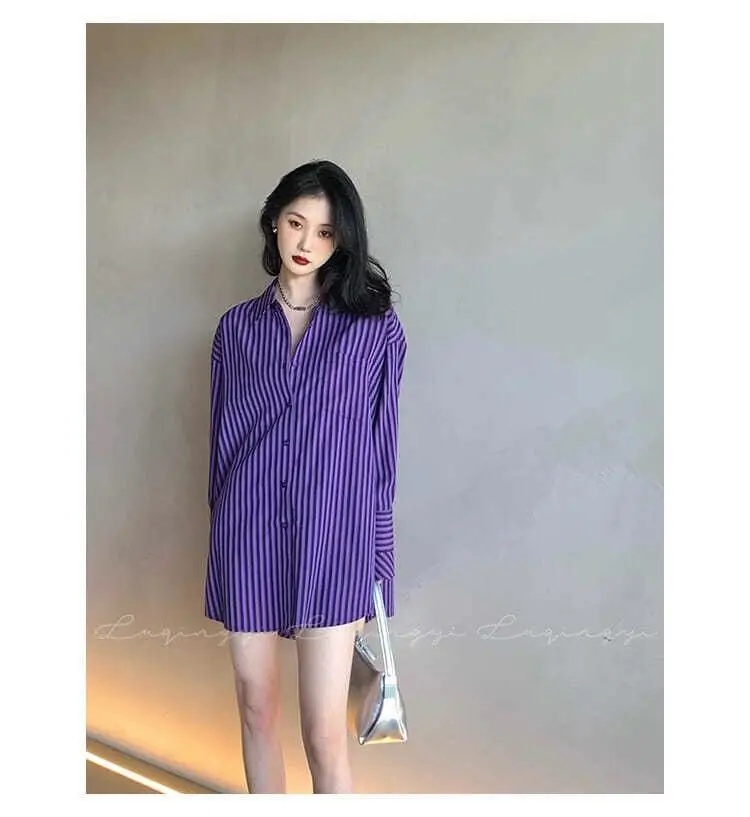 Sexy Women\'s Streetwear Vintage Striped Long Sleeve Shirt Female All-match Casual Buttons Turn-down Collar Purple Loose Blouse