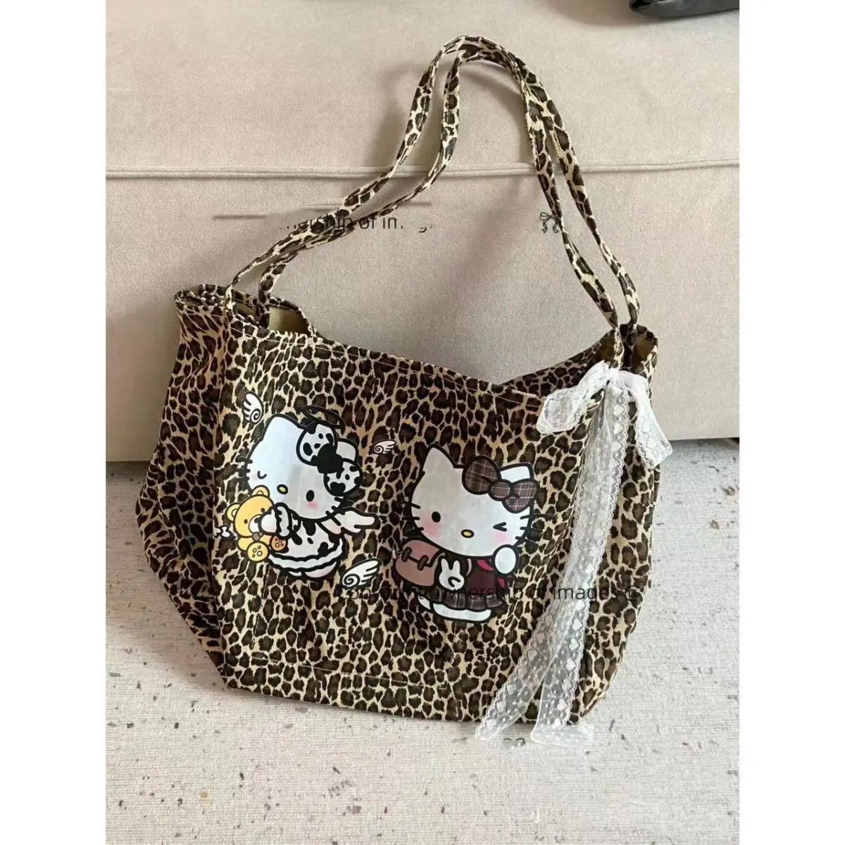 Kawaii New Retro Hello Kittys Leopard Print Handbag Fashion Y2k Girls Lace Lightweight All-match Shopping Shoulder Messenger Bag