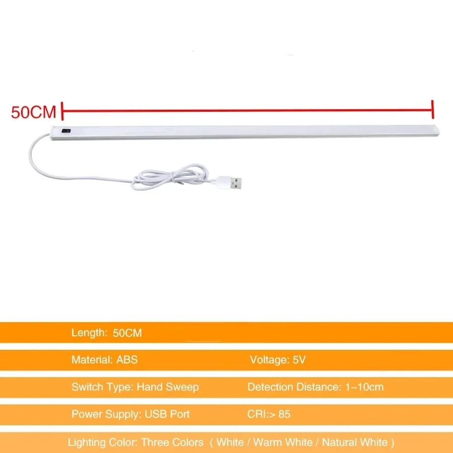 50CM Night Light USB Hand Wave Sweep Sensor LED Three Colors in One Lamp For Kitchen Cabinet Bedroom Wardrobe Indoor Lighting