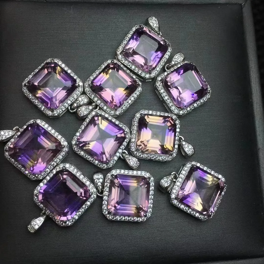 Unit One Piece 925 Silver Buckle With Natural Brazil Ametrine Crystal Gemstone Faceted Square Pendant