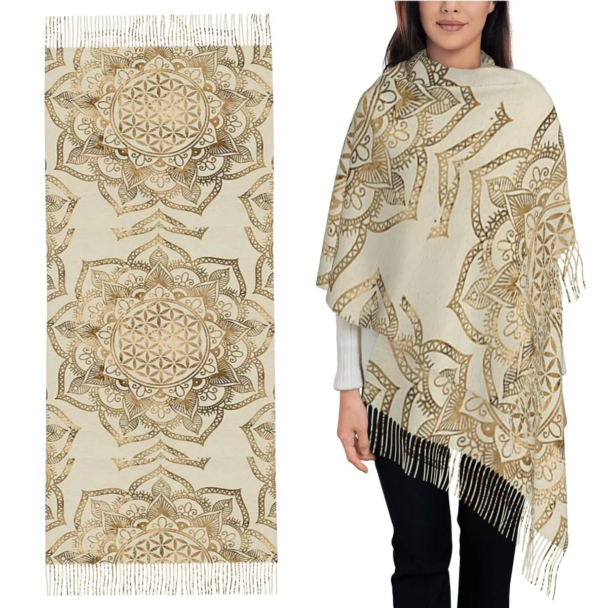 

Цветок жизни в лотосе - пастельные золотые и холщовые шарфы, шарфы с кисточками для женщин, шали и накидки, длинная осенне-зимняя шаль, накидка