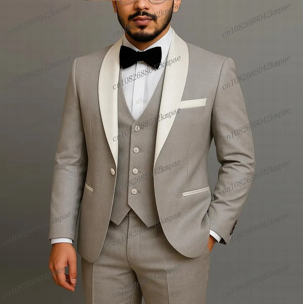 

White Collar Grey Men Suit Formal Occasion Groom Groomsman Wedding Party Prom Male Tuxedos 3 Piece Set Blazer Vest Pants
