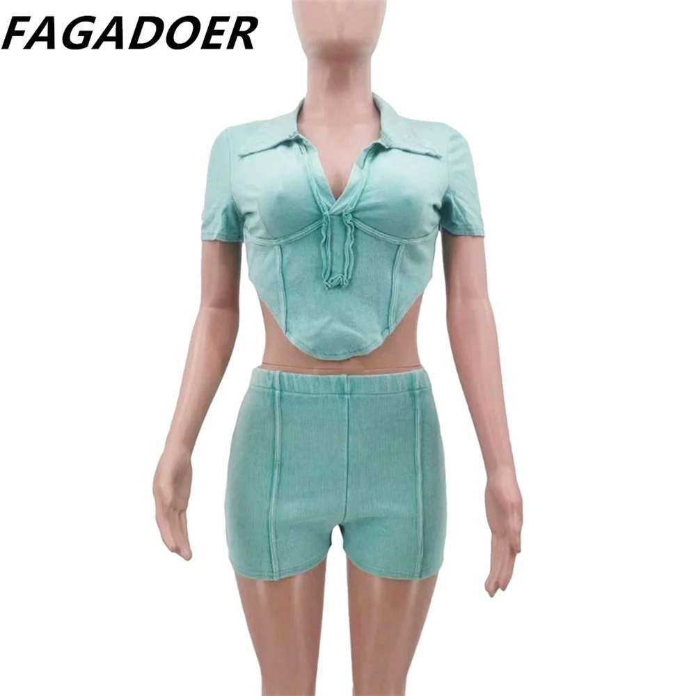 FAGADOER Fashion High Quality Ribber Two Piece Sets Women Deep V Short Sleeve Crop Top And Shorts Outfits Female 2pcs Clothing