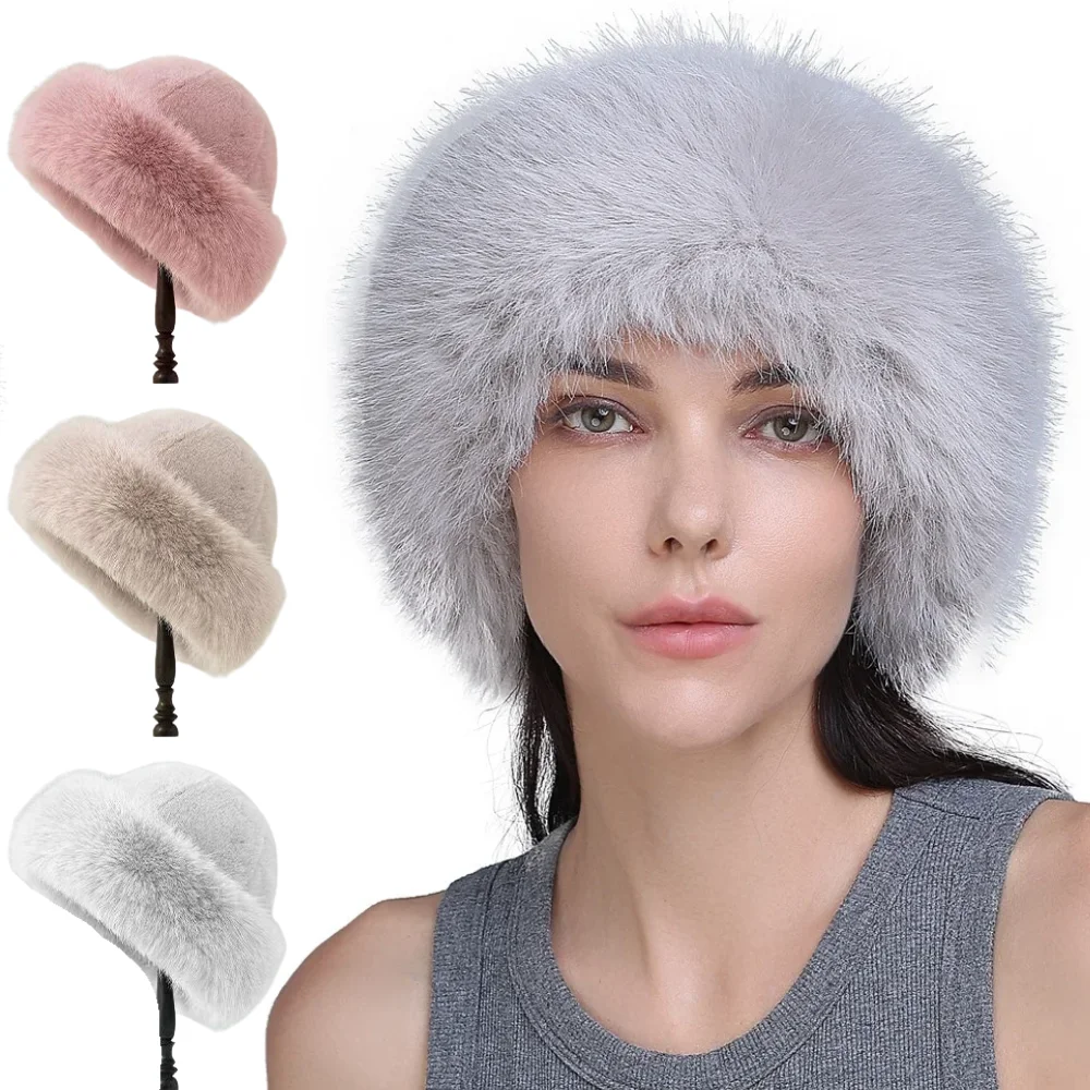 

Womens Warm Winter Fluffy Fur Bucket Hat Plush Fisherman Hat Thicken Cold Weather Snowy Day Panama Cap with Earflap
