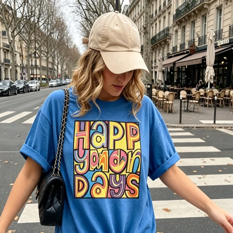 Happy Monday Days Graphic T Shirt Unisex Vintage Colorful Letter Print Short Sleeve Casual Loose Cotton Tee Streetwear Y2k Top
