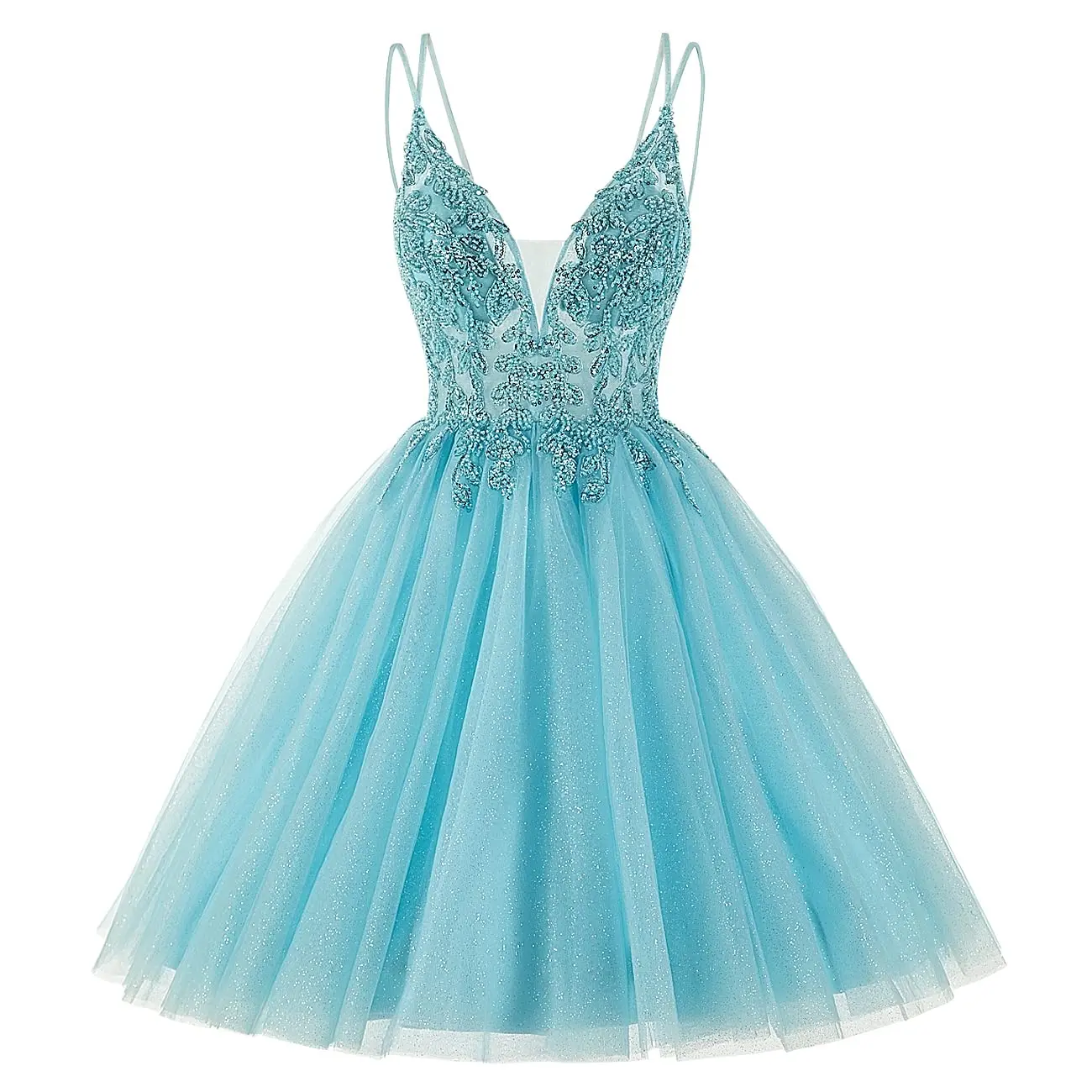 

Tulle Homecoming Dresses for Teens Lace Applique Short Prom Dresses A-Line Beaded Cocktail Party Dress