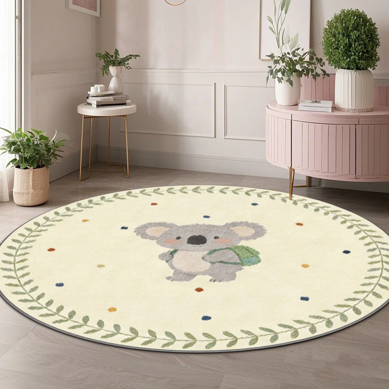 Cute Koala Bear Nursery Round Area Rug Boho Kids Living Room Floor Mat Polyester Pet Friendly Hypoallergenic Indoor Decor Soft D
