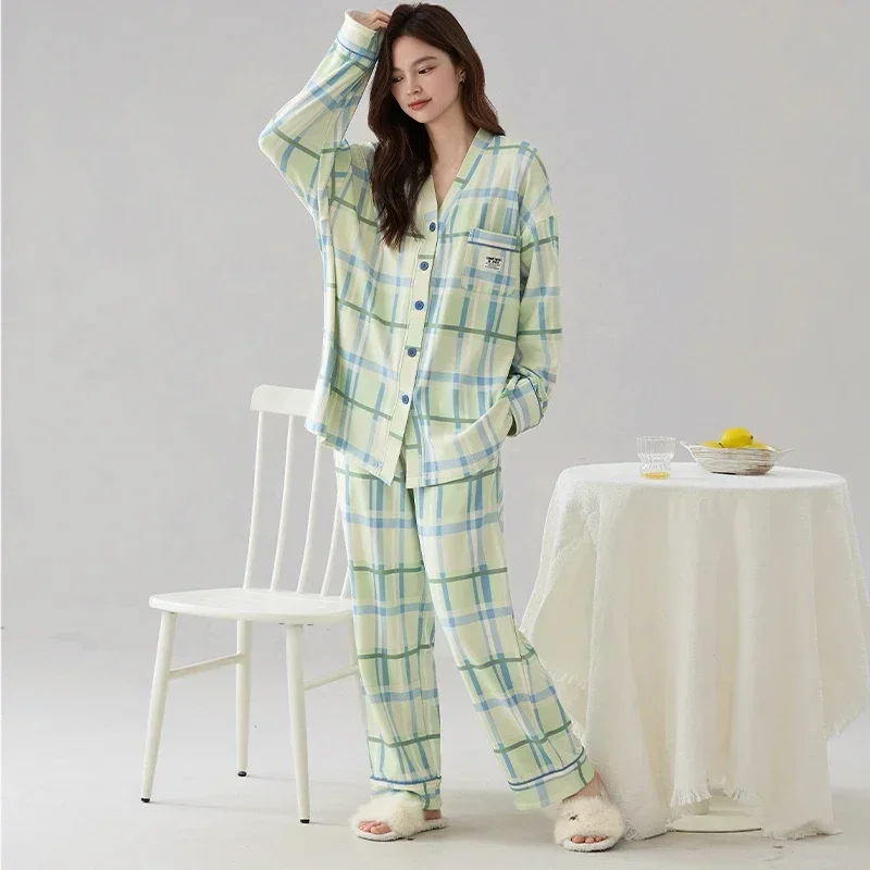 Dralon Women Plaid Pajamas Sets Warm Sleepwears Long Sleeves Long Pants Autumn Winter Girls Pijamas Cozy Pyjamas Soft Pjs Casual