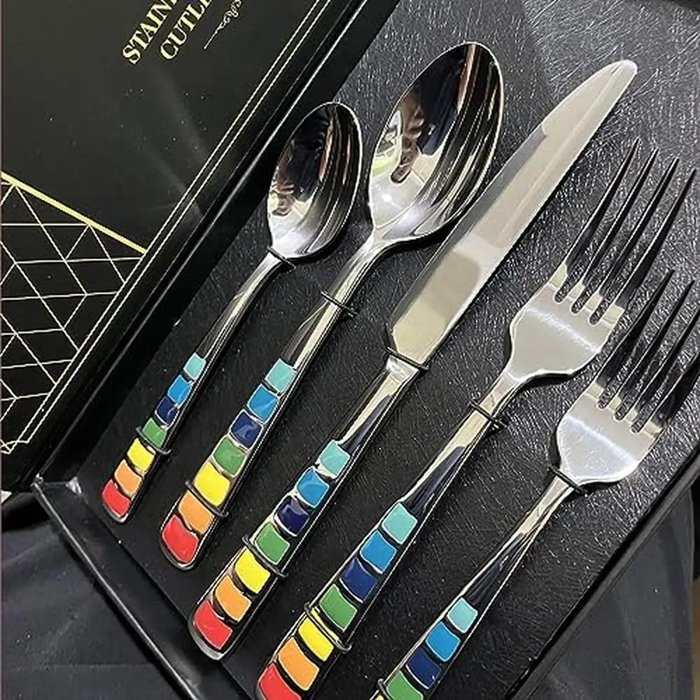 Rainbow Stainless Steel Flatware Set 8 Pieces Iridescent Handle Cartoon Style Modern Cutlery Kit Silverware Durable Rust-proof