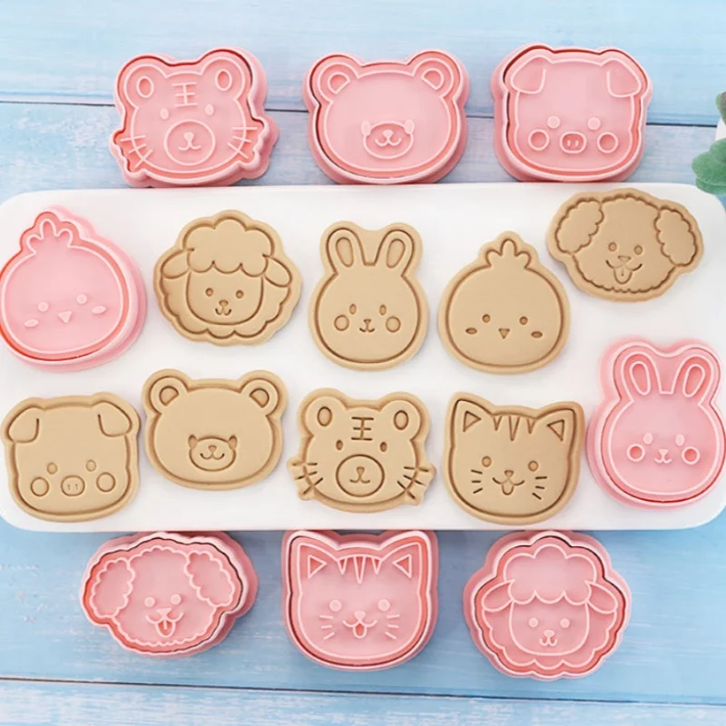 8Pcs/Set Animal Portrait Cookie Stamp Mold Bear Pig Chicken Dog Rabbit Sheep Tiger Cat Shape Biscuit Mold Baking Tools view 6