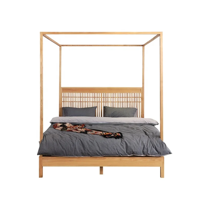 With Wooden Panel Platform Canopy Durable Elm Wood Bed//Modern New Chinese Style Solid Wood Four Pillar Bed Frame
