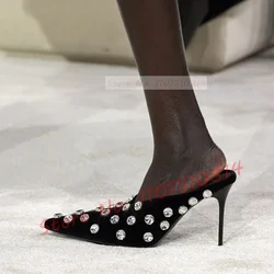 Velvet Pointy Gems Mules Women Real Leather Luxury Crystal V-shape High Heels Slippers Ladies Casual Bling Fashion Shallow Shoes