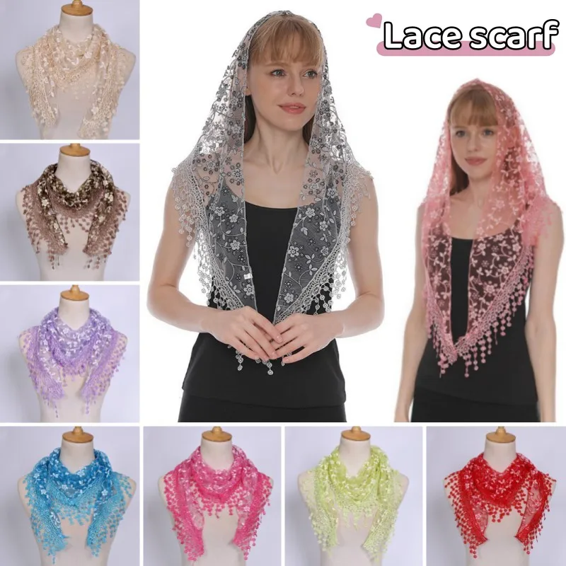 Women Lace Scarf Triangle Scarf Hollow Out Tassel Shawls Floral See Through Head Scarves Thin Solid Color Triangle Lace Scarf