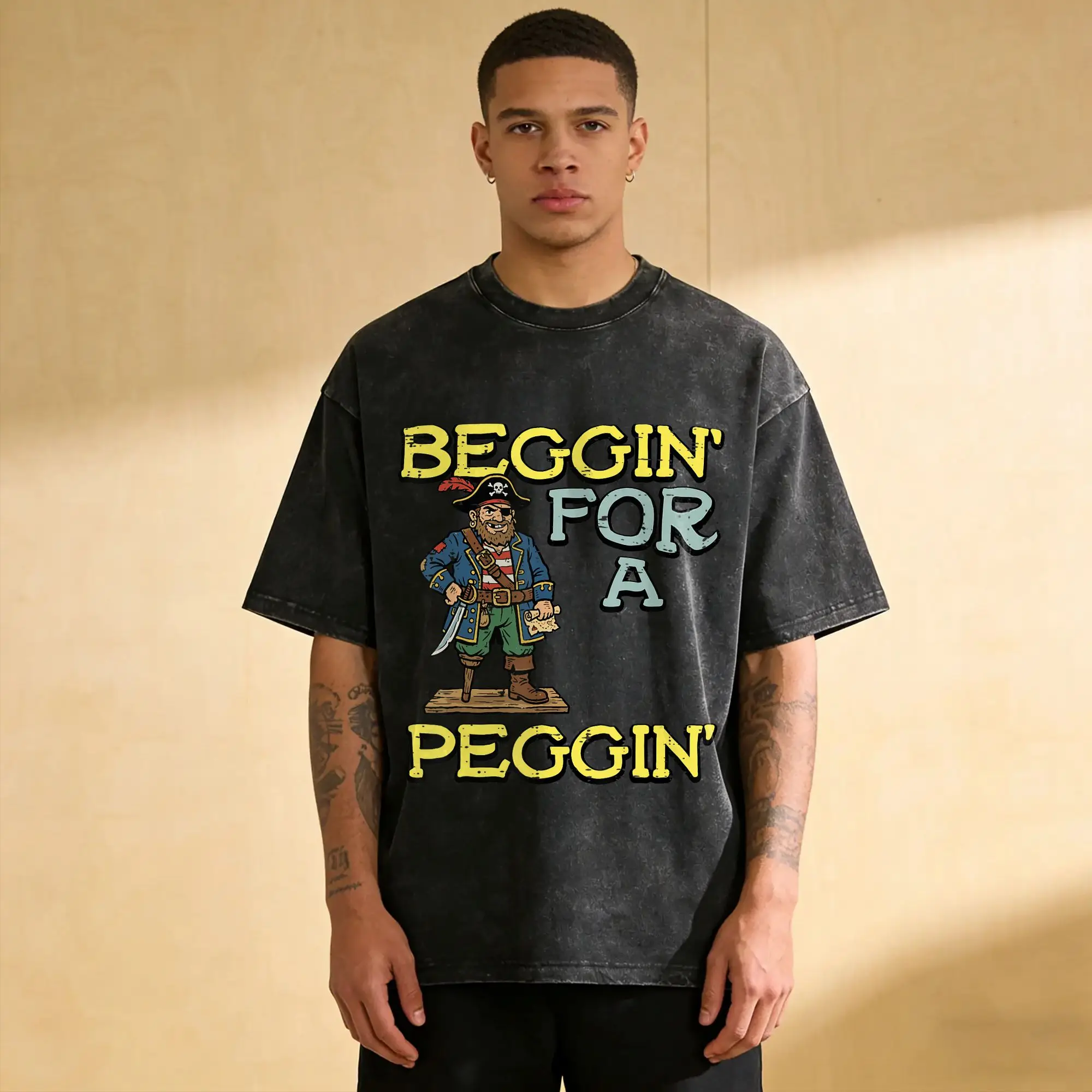 Men's T-Shirt Pirate Beggin for A Peggin Funny Inappropriate Washed T-Shirts Trending  Summer Birthday Present